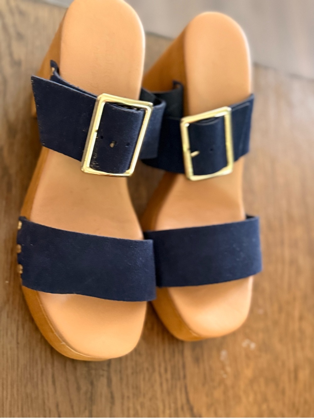 Platform Block Heel Sandals in Navy with Gold Studs - Picture 7 of 9